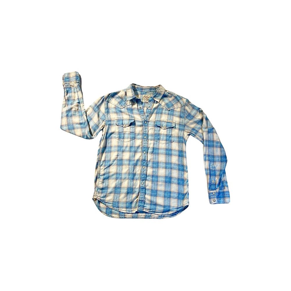 Lucky Brand Distinctive Western Sportswear Vintage Blue Plaid Pearl Snap Shirt - Picture 2 of 8